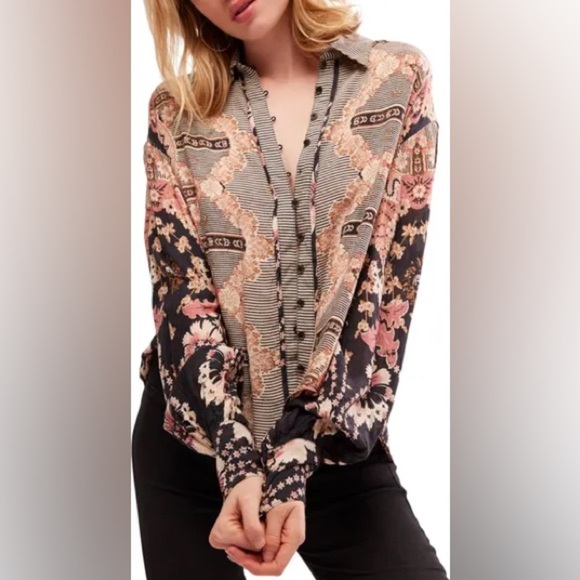 Free People - Virga Baby Black Combo Fun Print Button Down Blouse Size XS - Picture 1 of 12